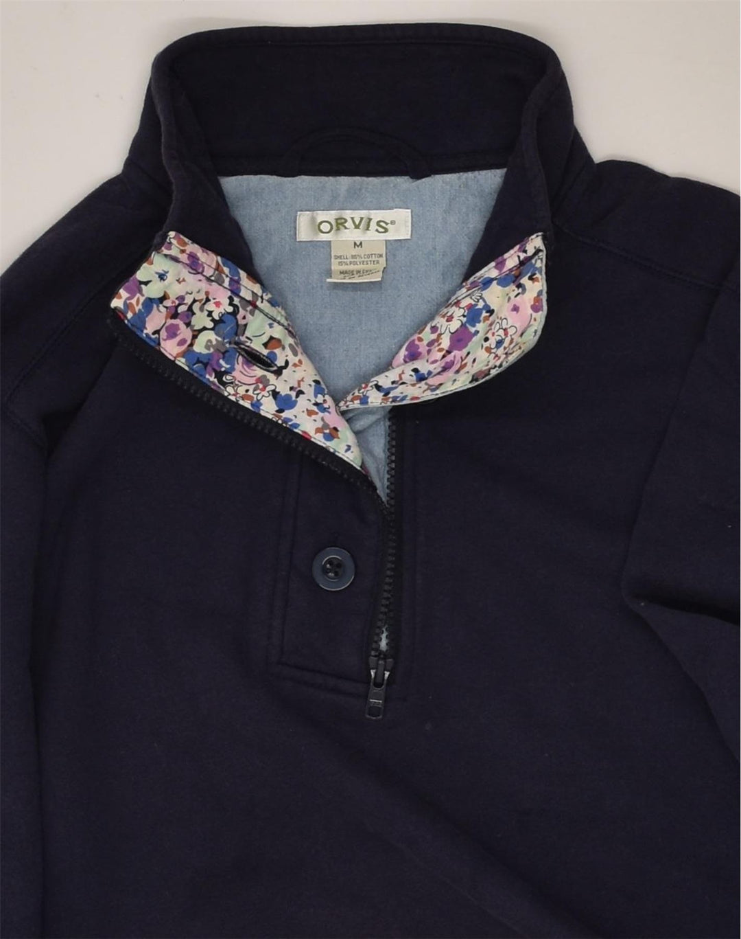 ORVIS Womens Zip Neck Sweatshirt Jumper UK 12 Medium Navy Blue Cotton | Vintage Orvis | Thrift | Second-Hand Orvis | Used Clothing | Messina Hembry 