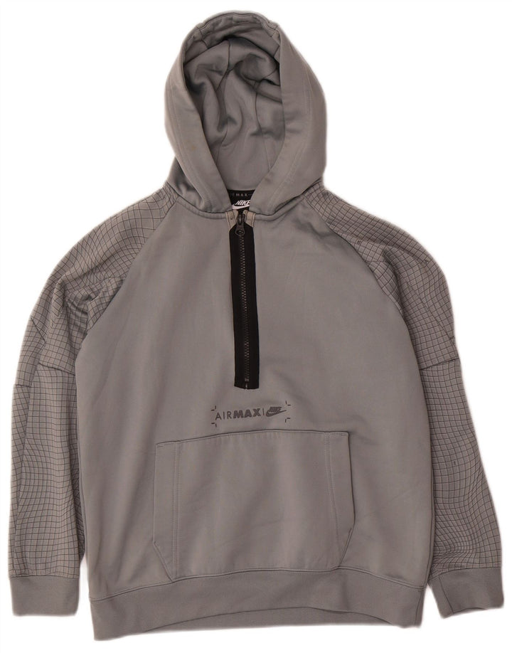 NIKE Boys Graphic Hoodie Jumper 12-13 Years Large Grey Check Polyester