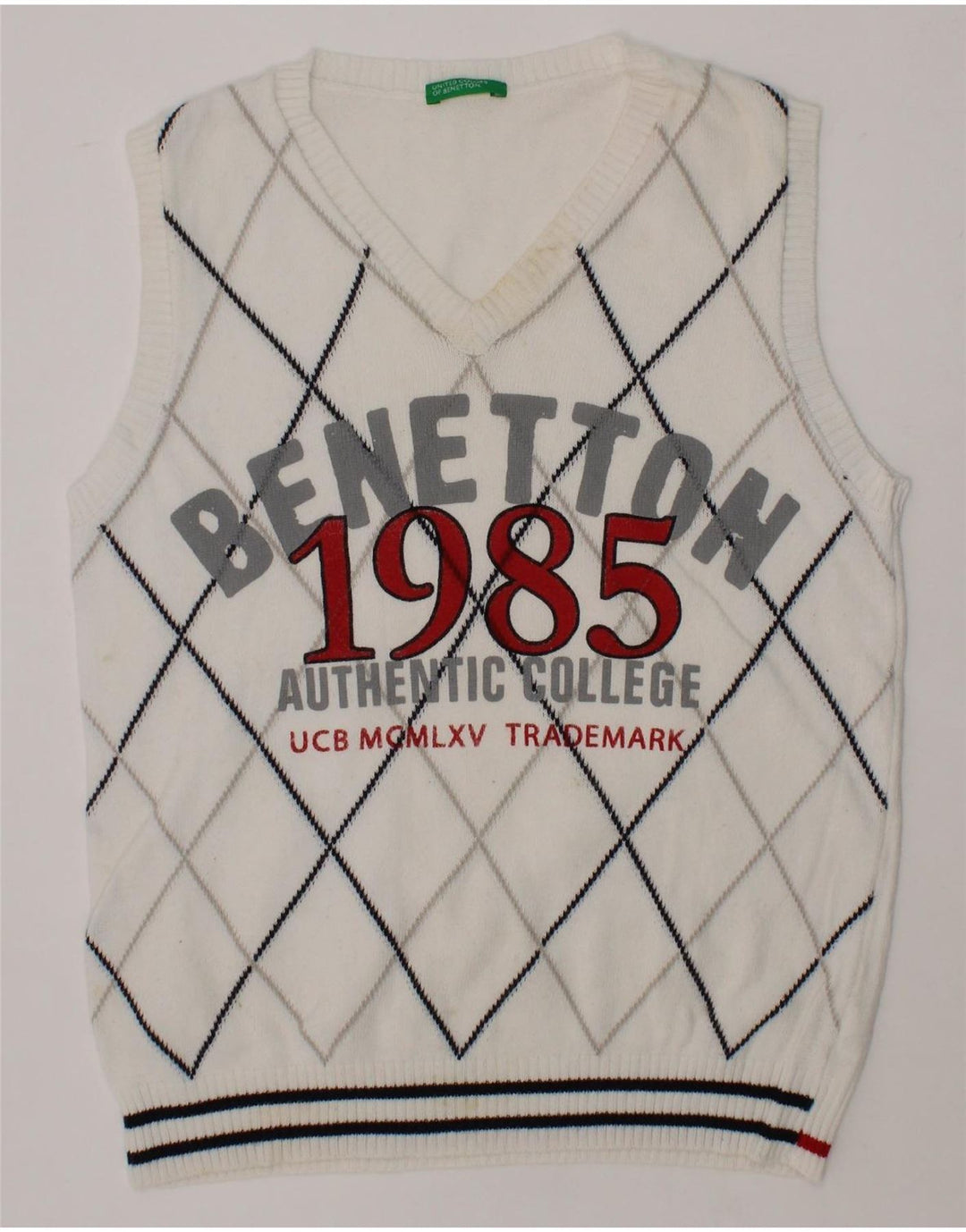 BENETTON Boys Graphic Vest Tank Top 6-7 Years White Check Vintage Benetton and Second-Hand Benetton from Messina Hembry 