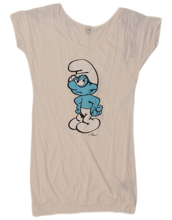 Benetton Abito da t-shirt con grafica Puffo Grouchy da donna UK 16 Large Bianco