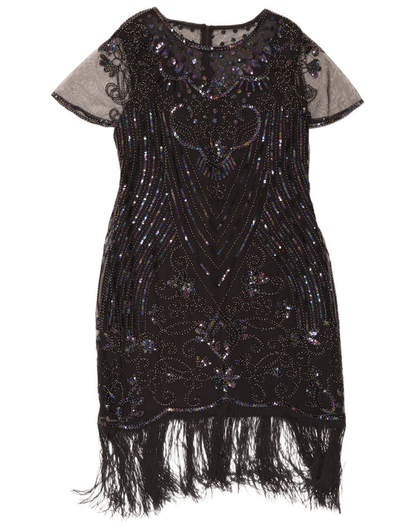 Vintage Womens Sequin Charleston Dress UK 22 3XL Black Floral Polyester