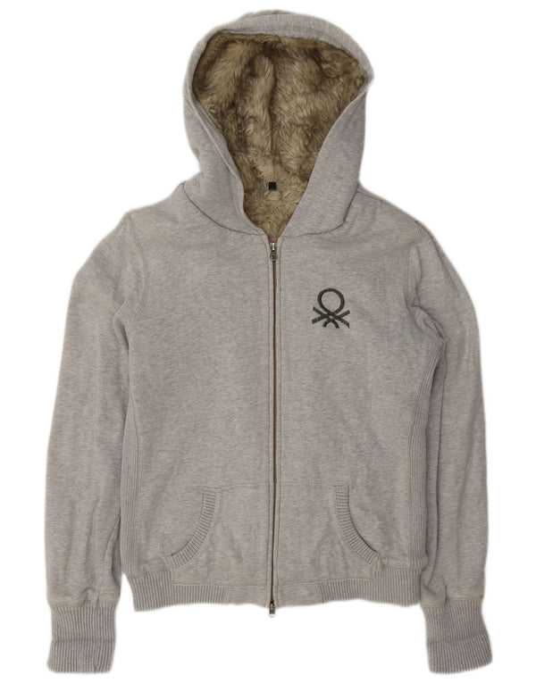 Benetton Suéter Con Capucha Y Cremallera Sherpa Para Mujer UK 46 Grande De Algodón Moteado Gris