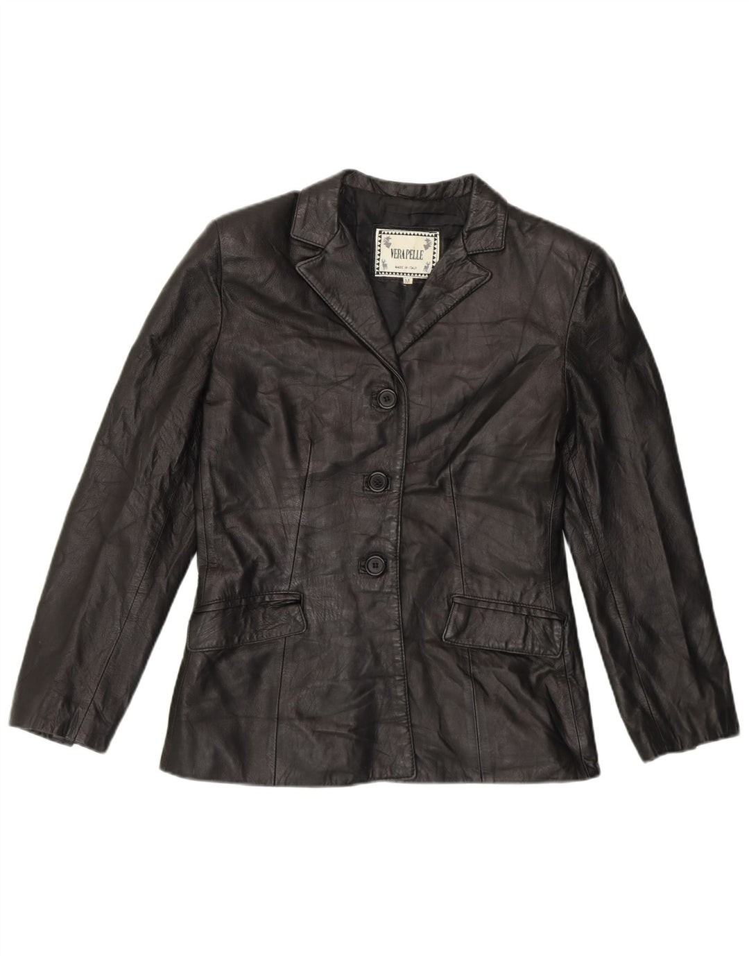 VINTAGE Womens 3 Button Leather Blazer Jacket UK 12 Medium Black Leather