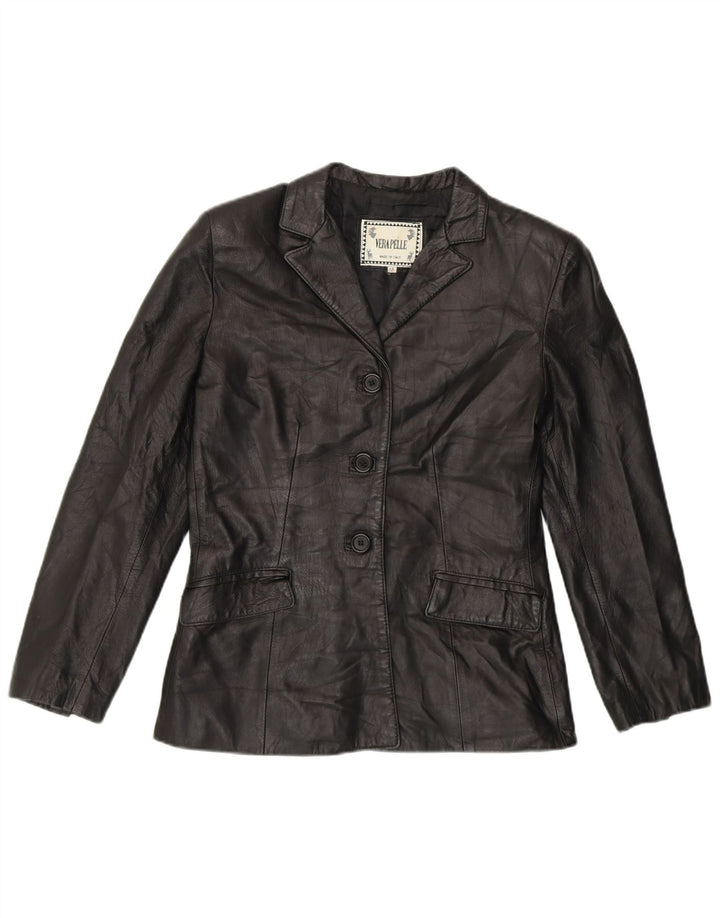 VINTAGE Womens 3 Button Leather Blazer Jacket UK 12 Medium Black Leather