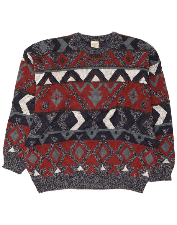 vintage Mens Crew Neck Jumper Pull UK 46/48 2XL Bleu Marine Géométrique