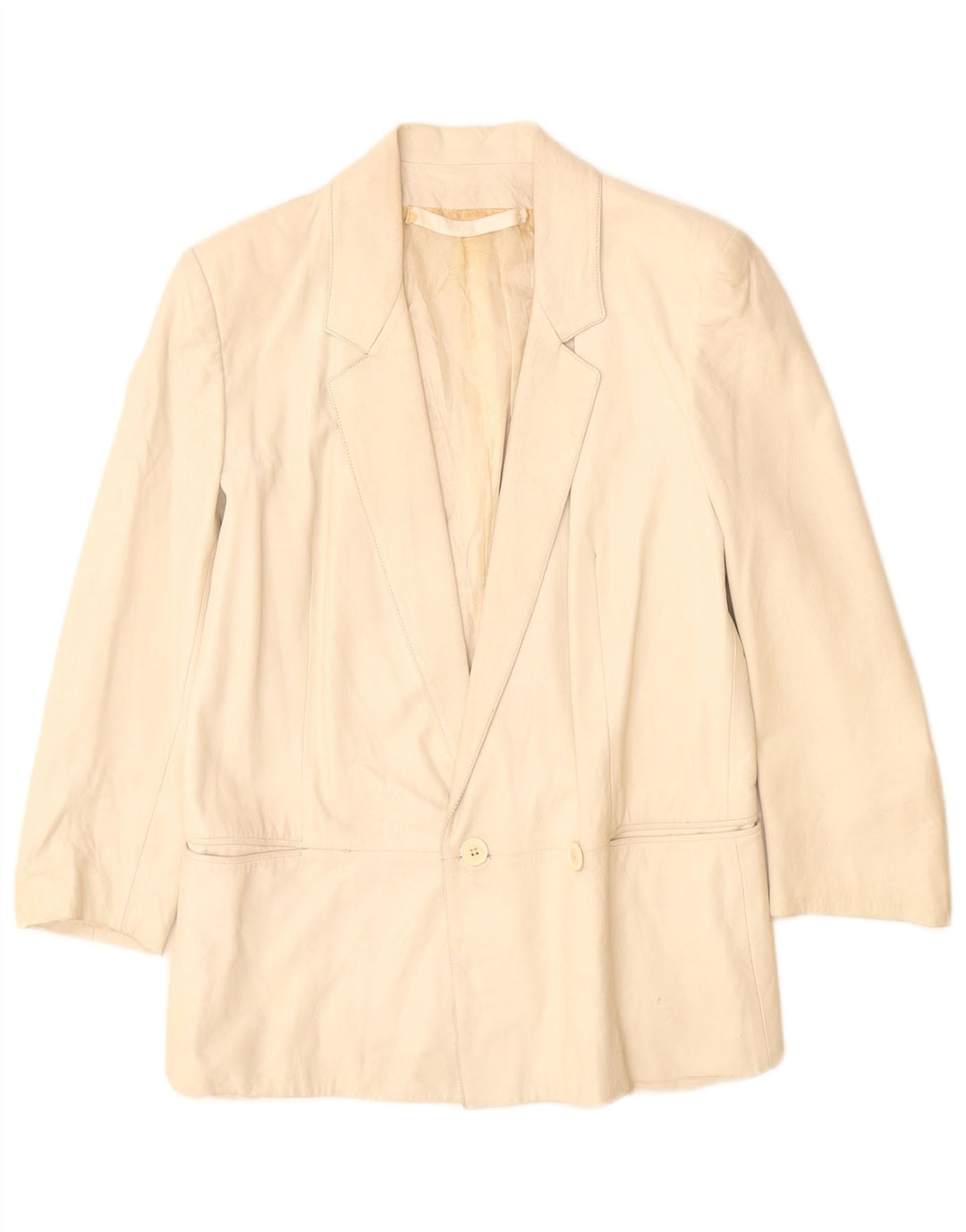 Vintage Womens Double Breasted Leather Blazer Jacket UK 12 Medium Beige