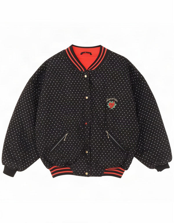 Vintage Girls Bomber Jacket 14-15 Years Black Spotted Cotton Retro