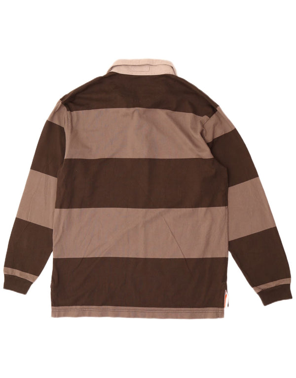 Slam Mens Long Sleeve Rugby Polo Shirt XL Brown Striped Cotton