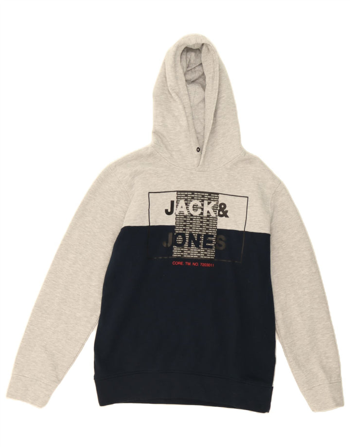 JACK & JONES Mens Graphic Hoodie Jumper Large Grey Colourblock Polyester Vintage Jack & Jones and Second-Hand Jack & Jones from Messina Hembry 