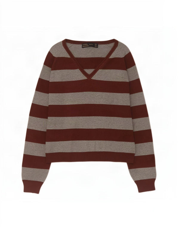 Zara Womens Crop V-Neck Jumper Sweater UK 14 Large Grey Striped Cotton