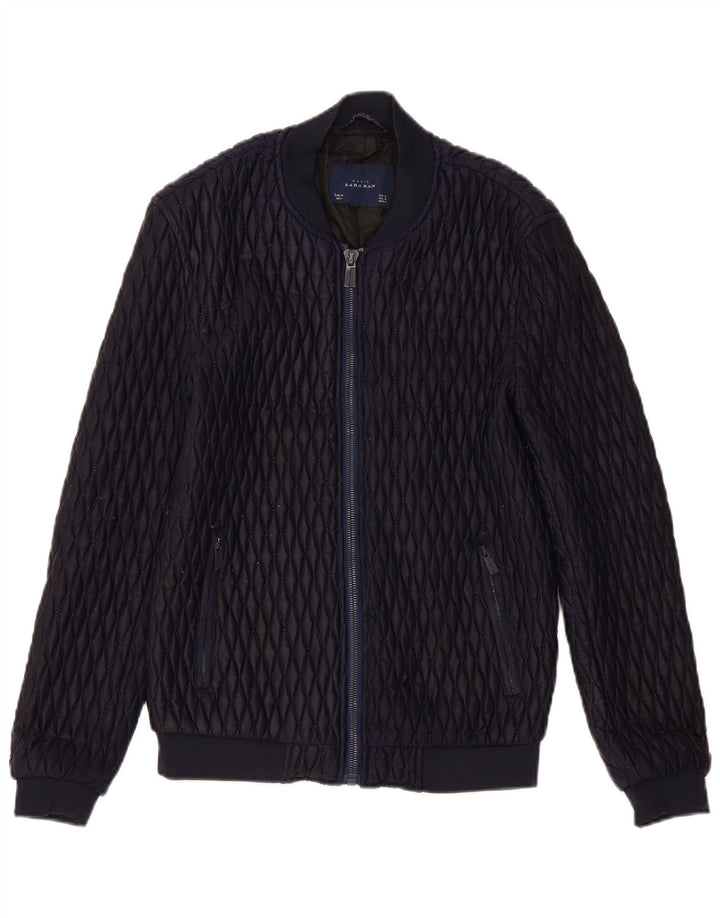 Zara Mens Bomber Quilted Jacket UK 38 Medium Navy Blue Polyester