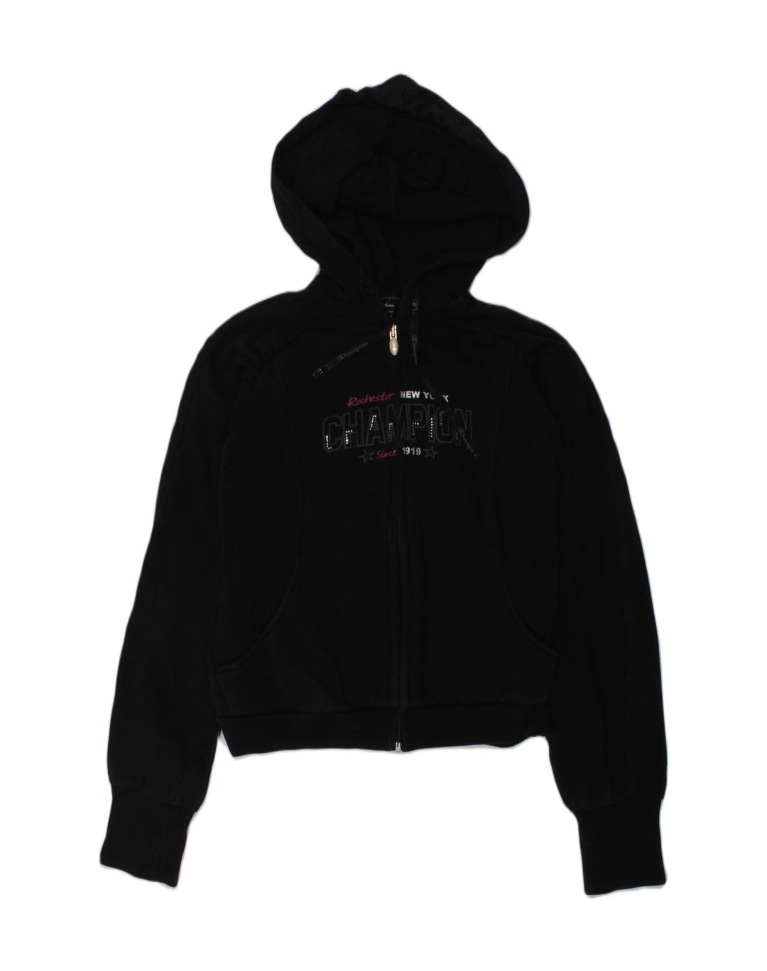 CHAMPION Girls Graphic Zip Hoodie Sweater 11-12 Years Large Black Cotton | Vintage Champion | Thrift | Second-Hand Champion | Used Clothing | Messina Hembry 