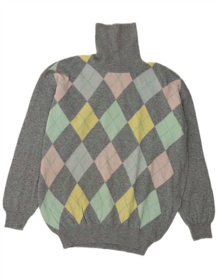 BENETTON Mens Roll Neck Jumper Sweater Large Grey Argyle/Diamond Wool