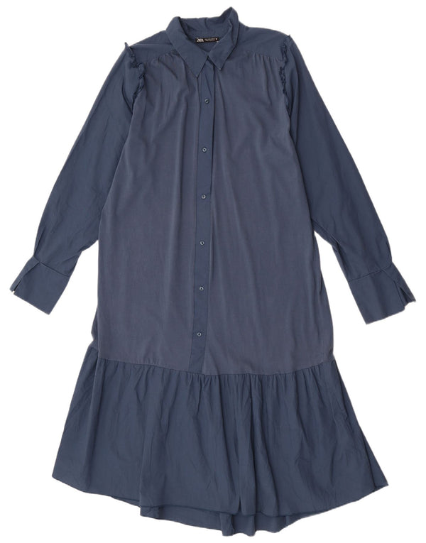 Zara Damen Langarm-Hemdkleid UK 16 Large Marineblau Baumwolle