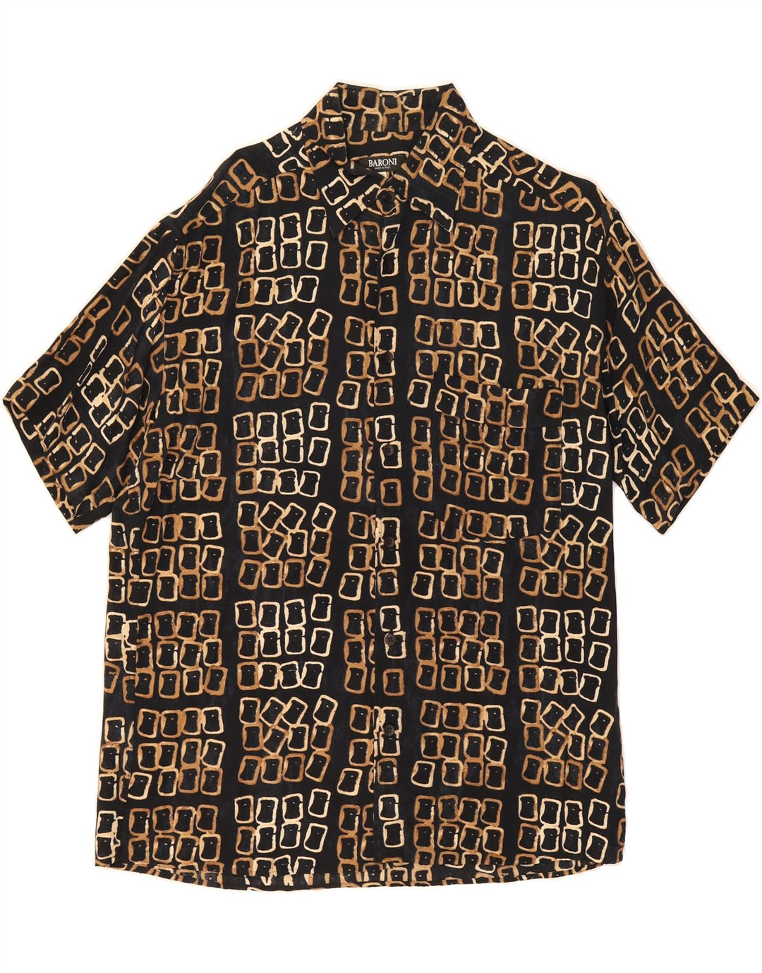 BARONI Mens Short Sleeve Shirt IT 48 Medium Black Geometric Viscose Vintage Baroni and Second-Hand Baroni from Messina Hembry 