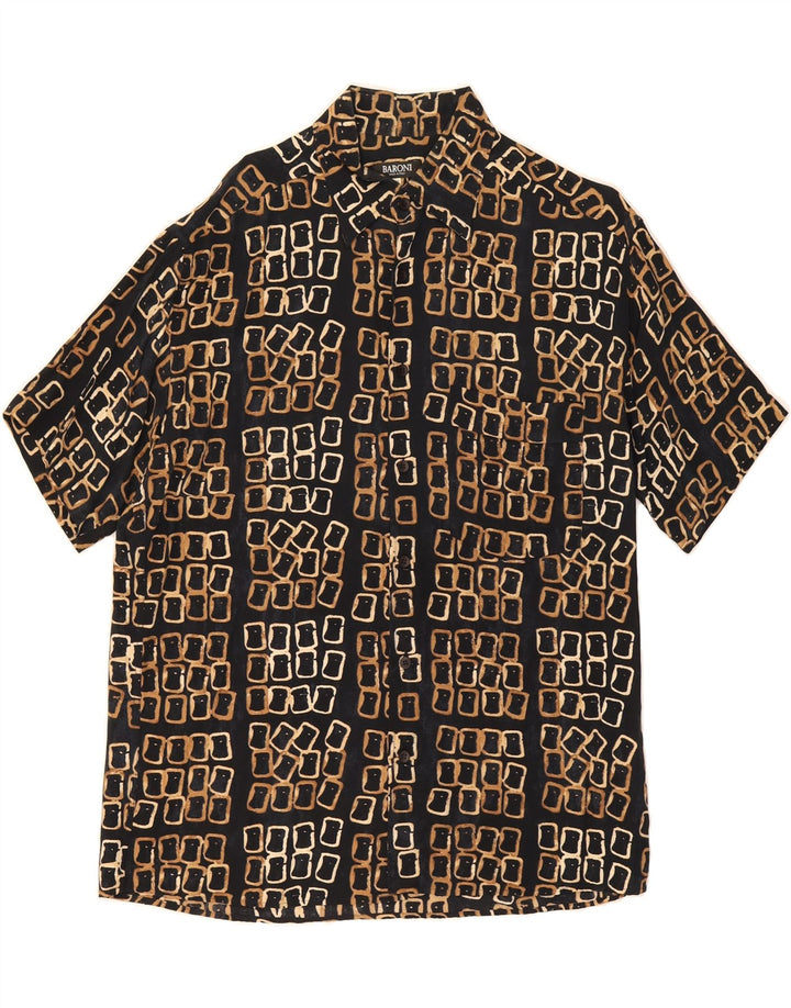 BARONI Mens Short Sleeve Shirt IT 48 Medium Black Geometric Viscose Vintage Baroni and Second-Hand Baroni from Messina Hembry 