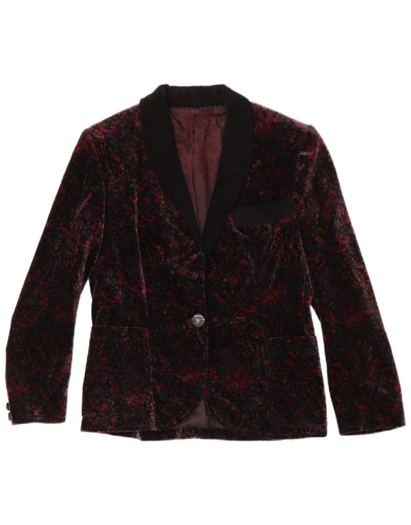Vintage Dame 1 Knap Velvet Blazer Jacket UK 12 Medium Burgundy Floral