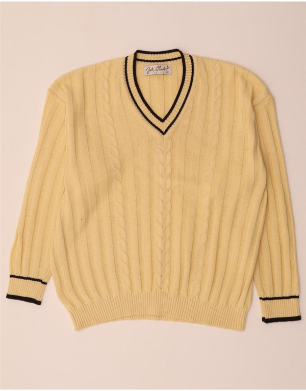 Maglione vintage da uomo ampio con scollo a V IT 48 a righe gialle medie