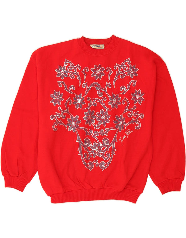 VINTAGE Dame sweater med rund hals DK 14 Medium Red Floral Acryl