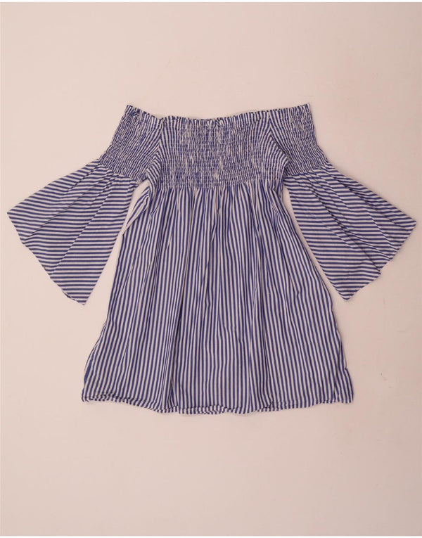 Zara Femme Haut à Manches 3/4 Épaules Dénudées UK 4 XS Bleu Rayé Coton