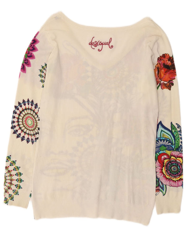 Desigual Damen-Pullover mit grafischem V-Ausschnitt, Gr. 14, groß, weiß, geblümt