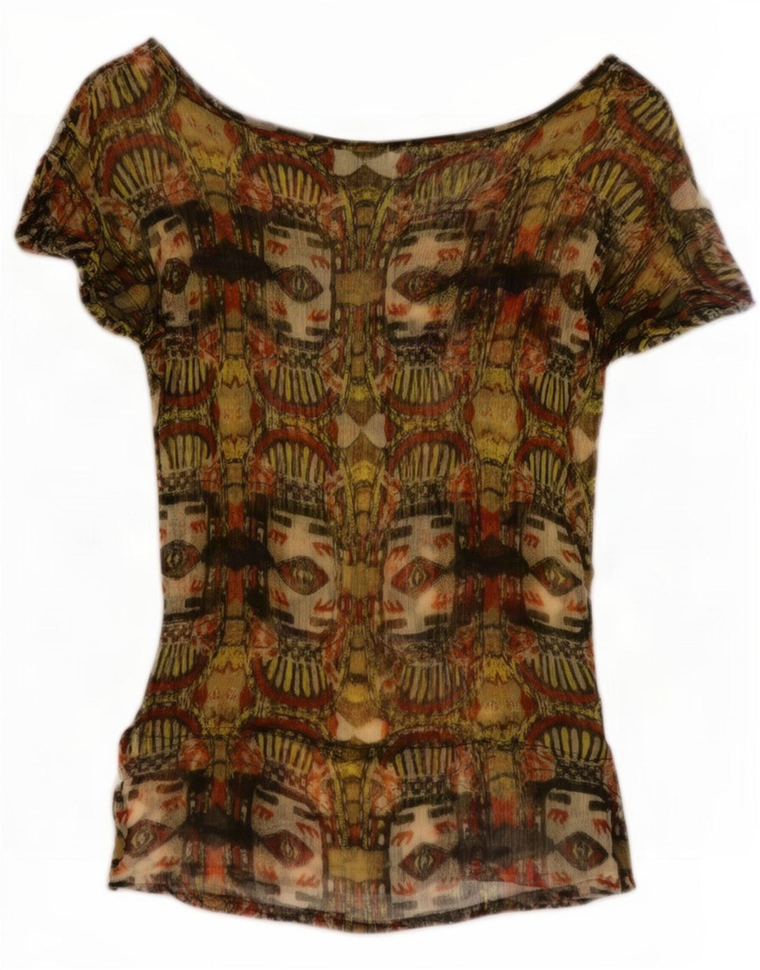 Desigual Donna Abstract Pattern Camicetta Top UK 8 Small Khaki Viscosa