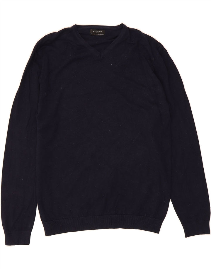 ZARA Mens V-Neck Jumper Sweater Large Navy Blue Viscose Vintage Zara and Second-Hand Zara from Messina Hembry 