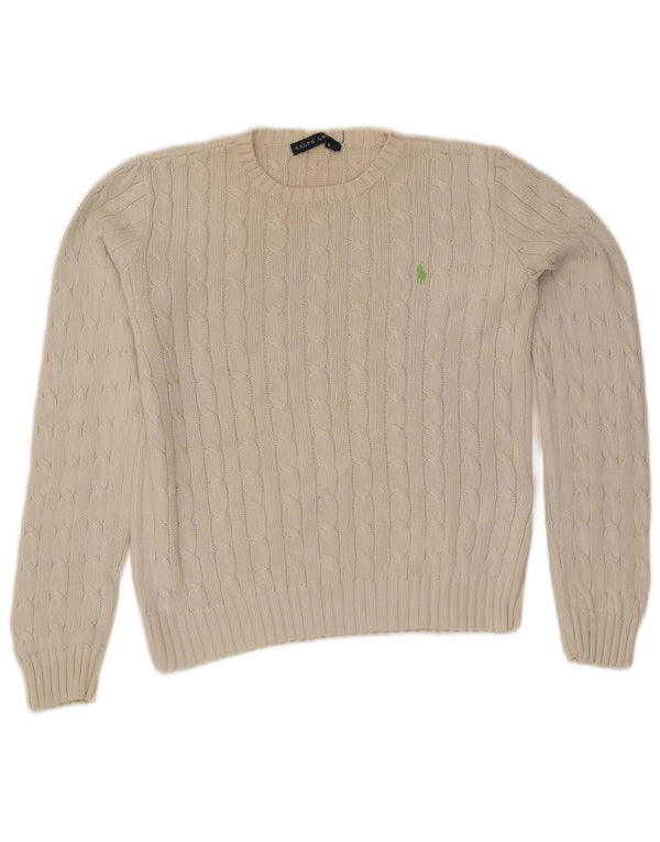 Maglione maglione girocollo da donna Ralph Lauren UK 12 cotone bianco medio