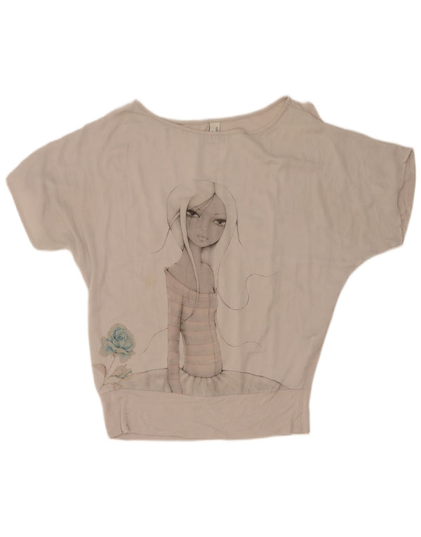 Benetton T-shirt graphique surdimensionné pour femme UK 10 Small Gris Polyester