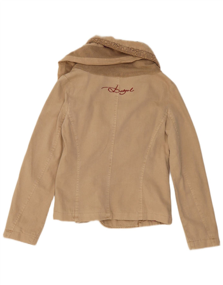 Desigual Womens Crop Bomber Jacket EU 36 Small Beige Colourblock Cotton