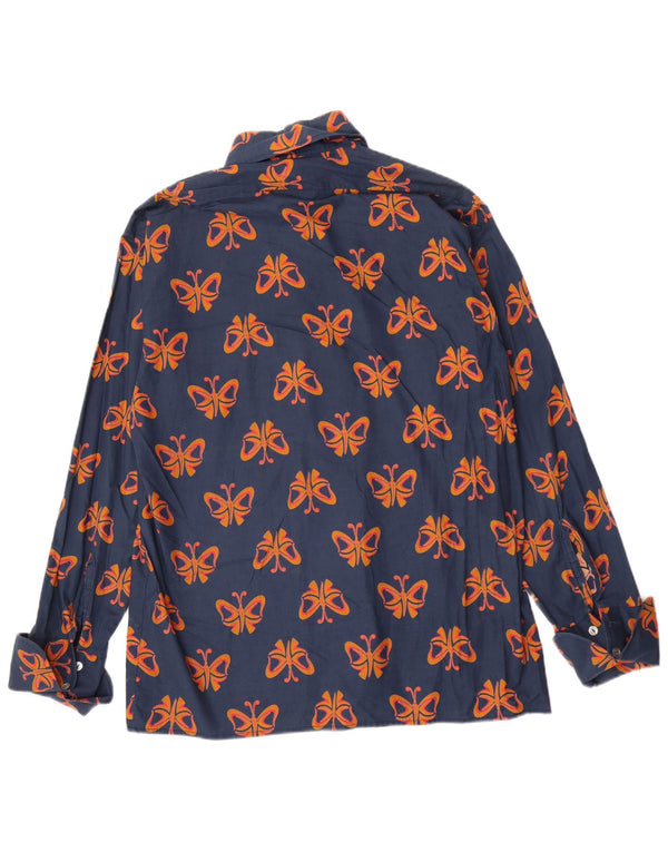 Chemise vintage à motif abstrait pour homme, grand papillon en coton bleu marine