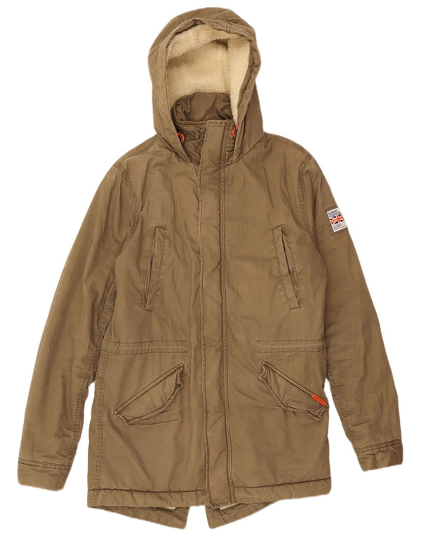 Superdry Mens Hooded Parka Jacket UK 40 Large Khaki Cotton
