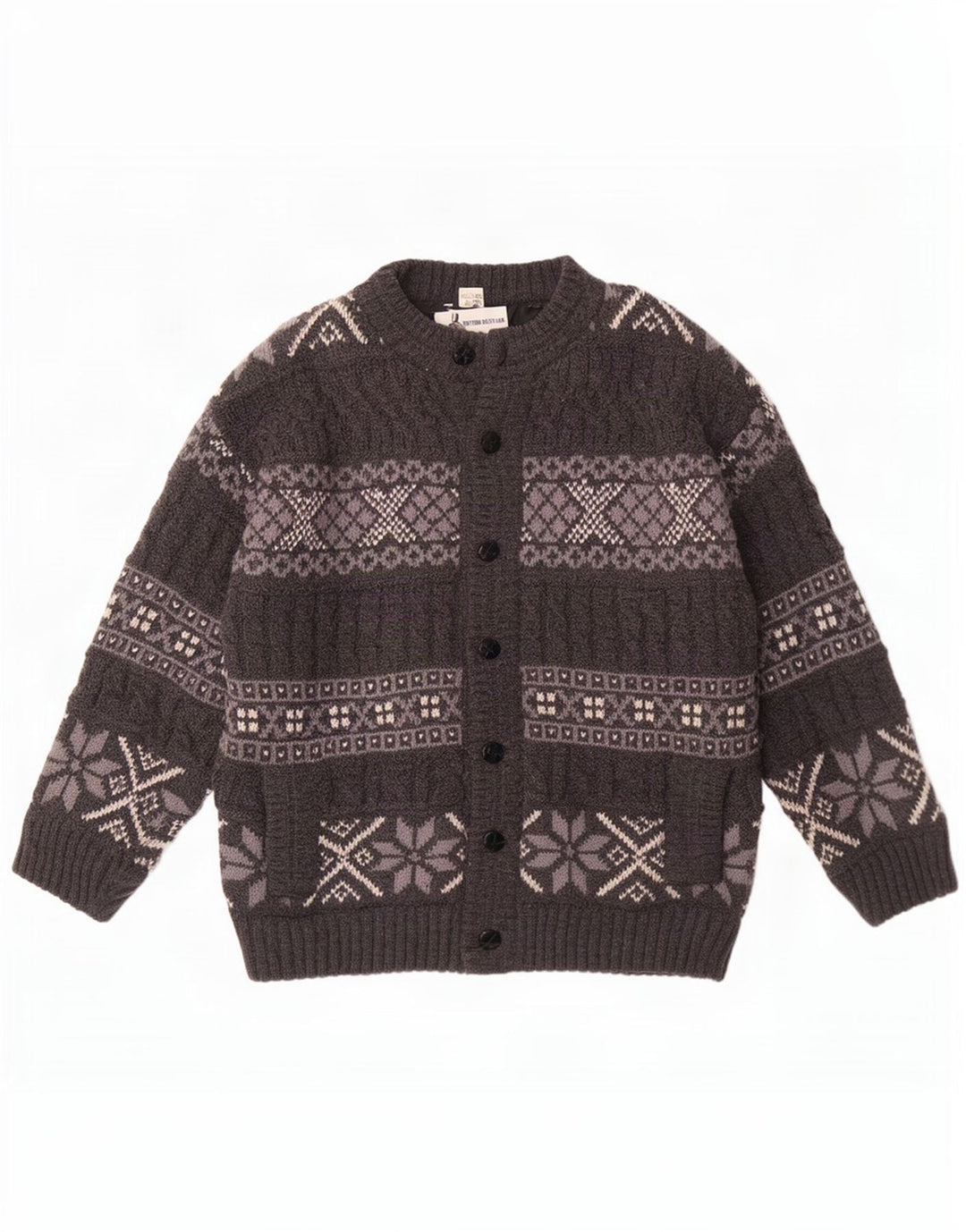 Vintage Mens Cardigan Sweater Large Grey Fair Isle Wool