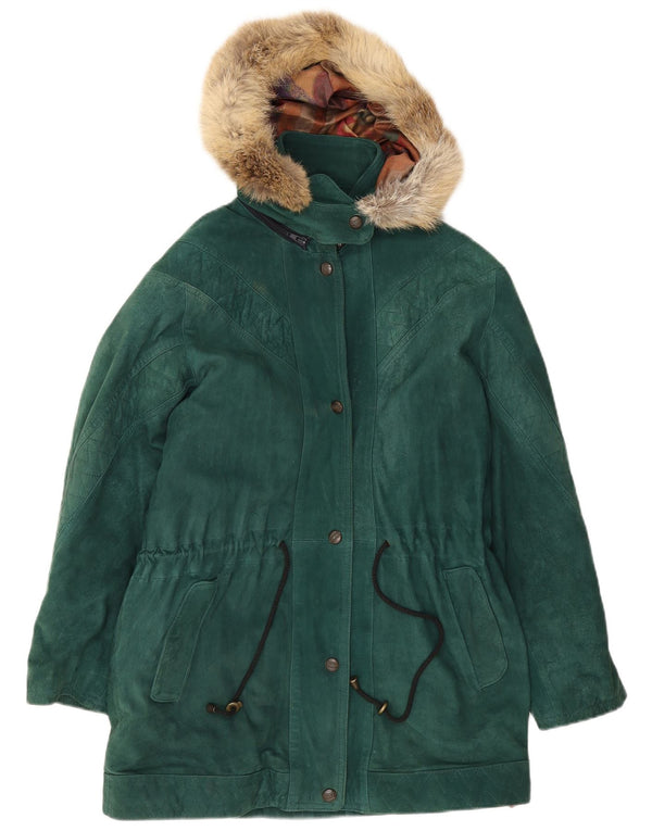 vintage Femme Daim Surdimensionné Parka Veste IT 40 Petit Cuir Vert