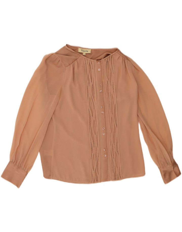 Viyella Womens Ruffle Front Shirt Blouse UK 10 Small Beige Polyester
