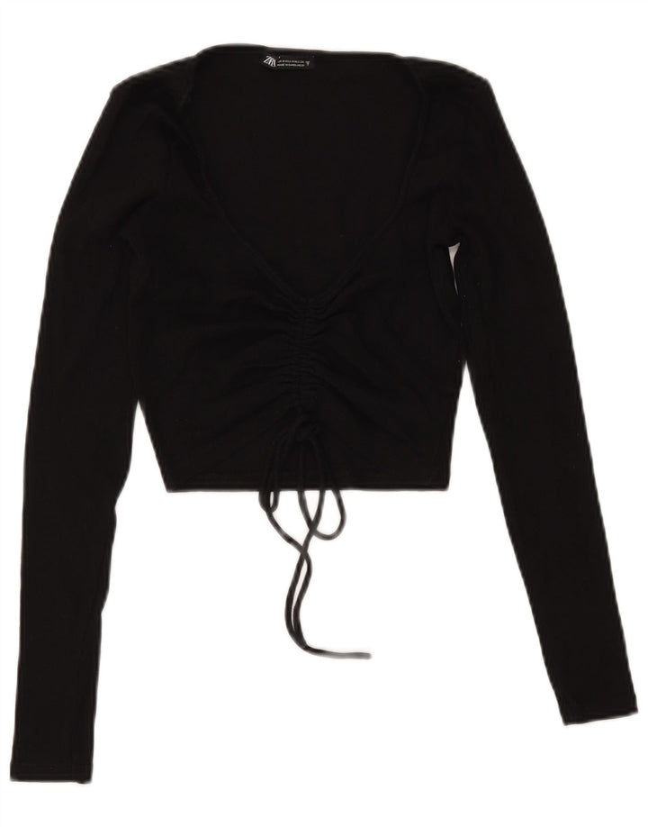 Zara Womens Crop Front Tie Top Long Sleeve UK 12 Medium Black Cotton