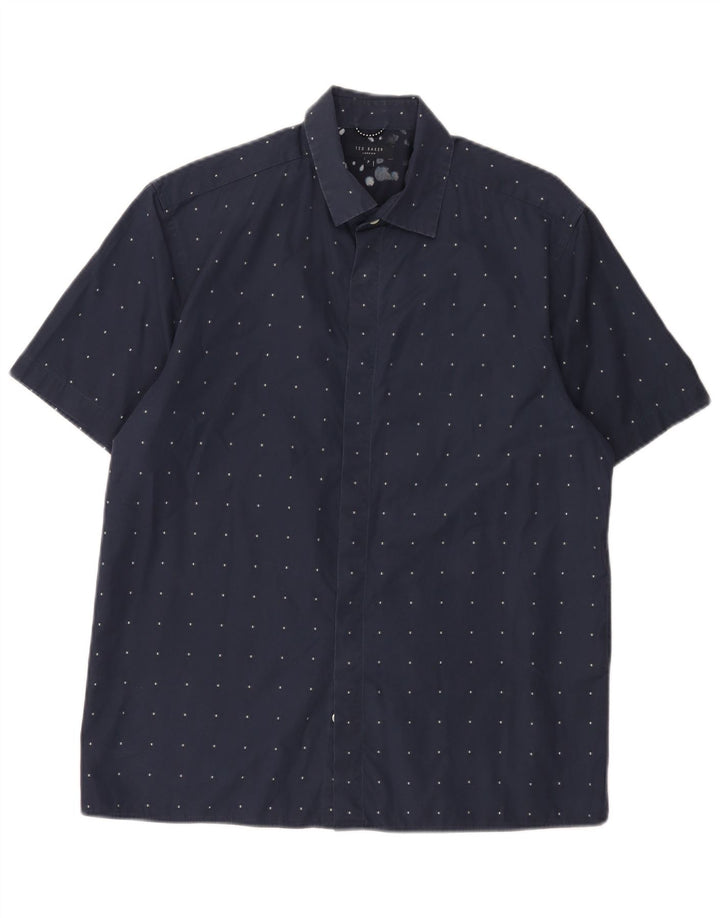 Ted Baker Mens Short Sleeve Shirt Size 3 Medium Navy Blue Geometric Cotton
