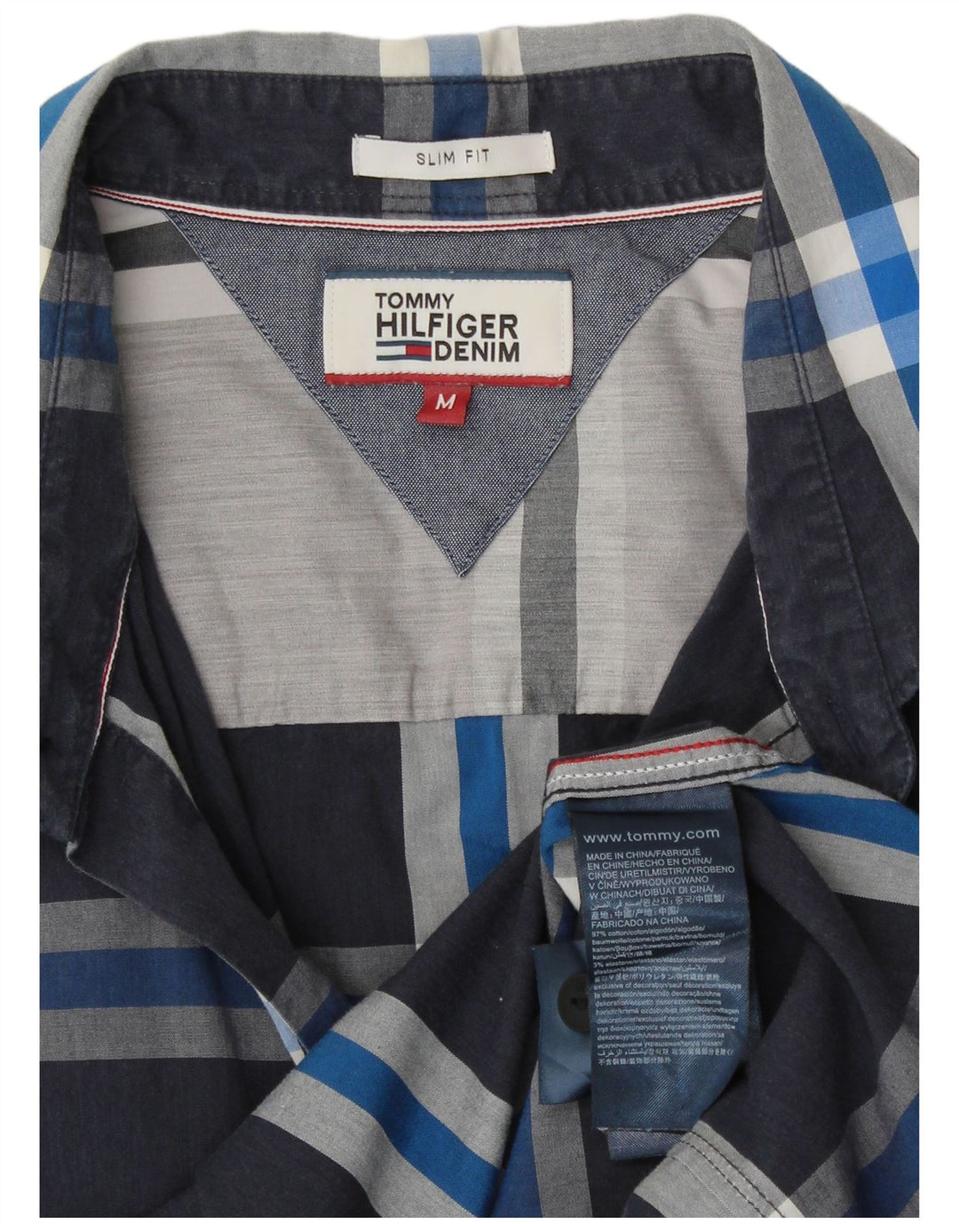 TOMMY HILFIGER Mens Slim Fit Shirt Medium Navy Blue Check Cotton