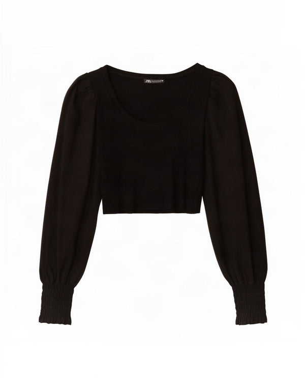 Zara Damen Crop Top Langarm UK 8 Small Schwarze Baumwolle