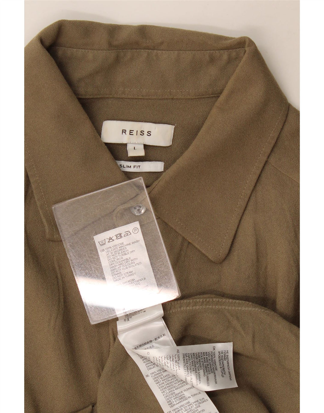 Reiss Mens Slim Fit Shirt Large Khaki Viscose