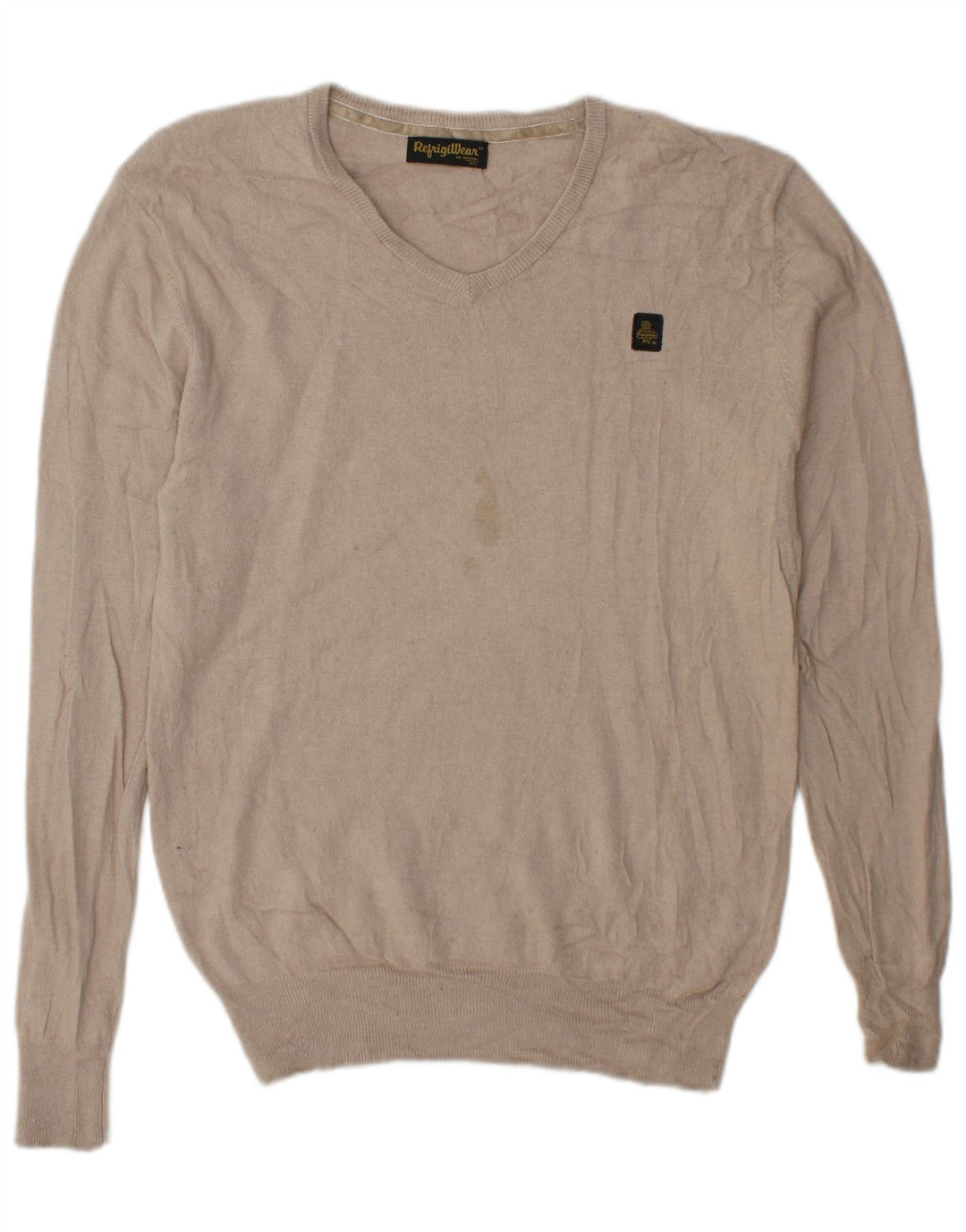 Refrigiwear Mens V-Neck Jumper Sweater Large Beige Silk