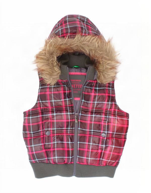 Benetton Girls Hooded Padded Gilet 7-8 Years Small Red Plaid