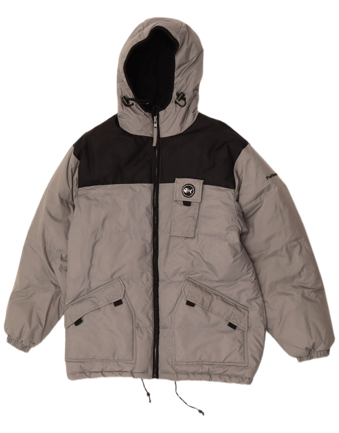 Fishbone Mens Hooded Padded Jacket UK 38 Medium Grey Colourblock Nylon