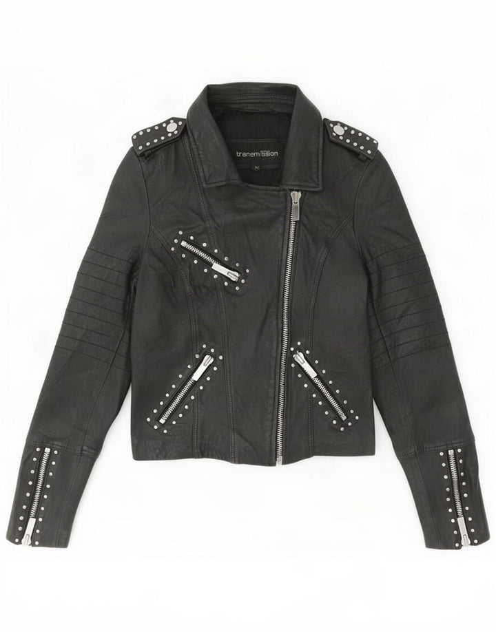 Transmission Damen-Bikerjacke aus Leder, UK 12, mittelschwarz