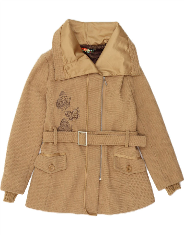 DESIGUAL Womens Rainbow Overcoat EU 40 Medium Beige Floral Butterfly Vintage Desigual and Second-Hand Desigual from Messina Hembry 