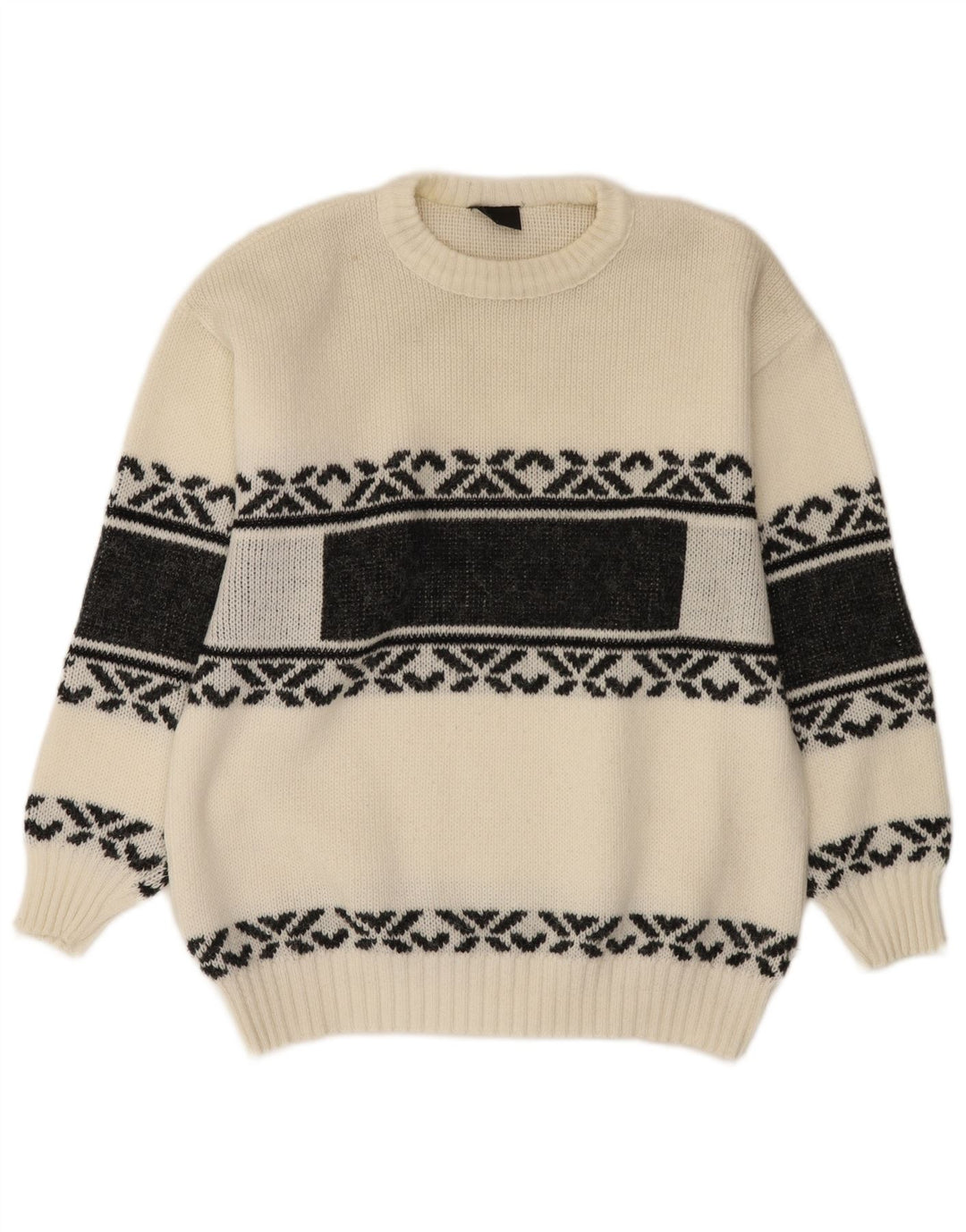 vintage Mens Crew Neck Jumper Pull Moyen Blanc Fair Isle