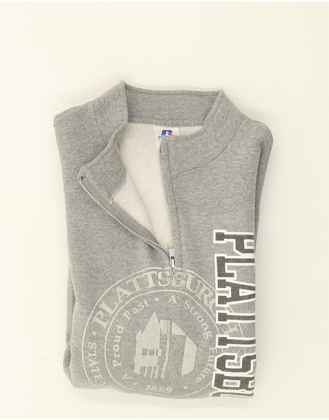 RUSSELL ATHLETIC Mens Graphic Zip Neck Sweatshirt Jumper Large Grey Vintage Russell Athletic and Second-Hand Russell Athletic from Messina Hembry 