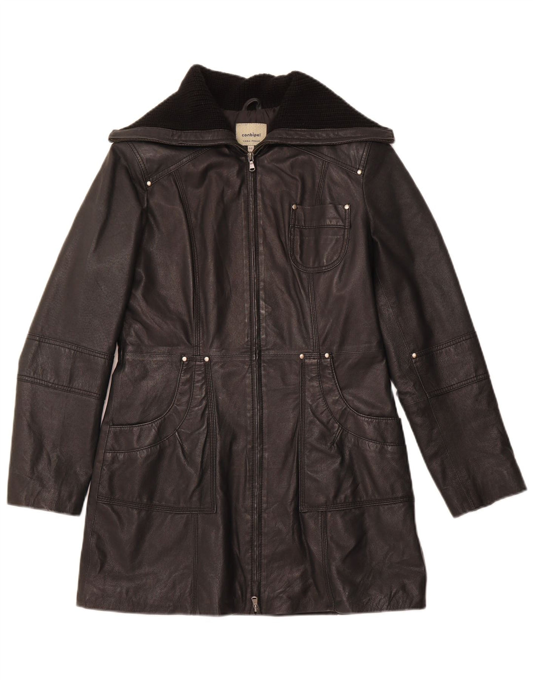 CONBIPEL Womens Leather Coat IT 44 Medium Black Leather