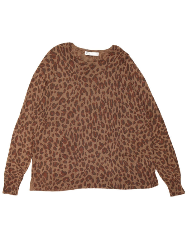 Zara Womens Oversized Boat Neck Jumper Sweater UK 18 XL Brown Animal Print