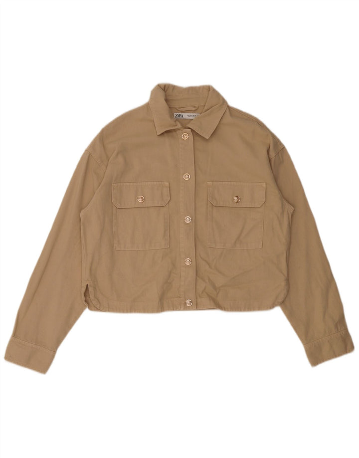 Zara Damen Crop Übergroße Bomberjacke UK 10 Small Beige Baumwolle